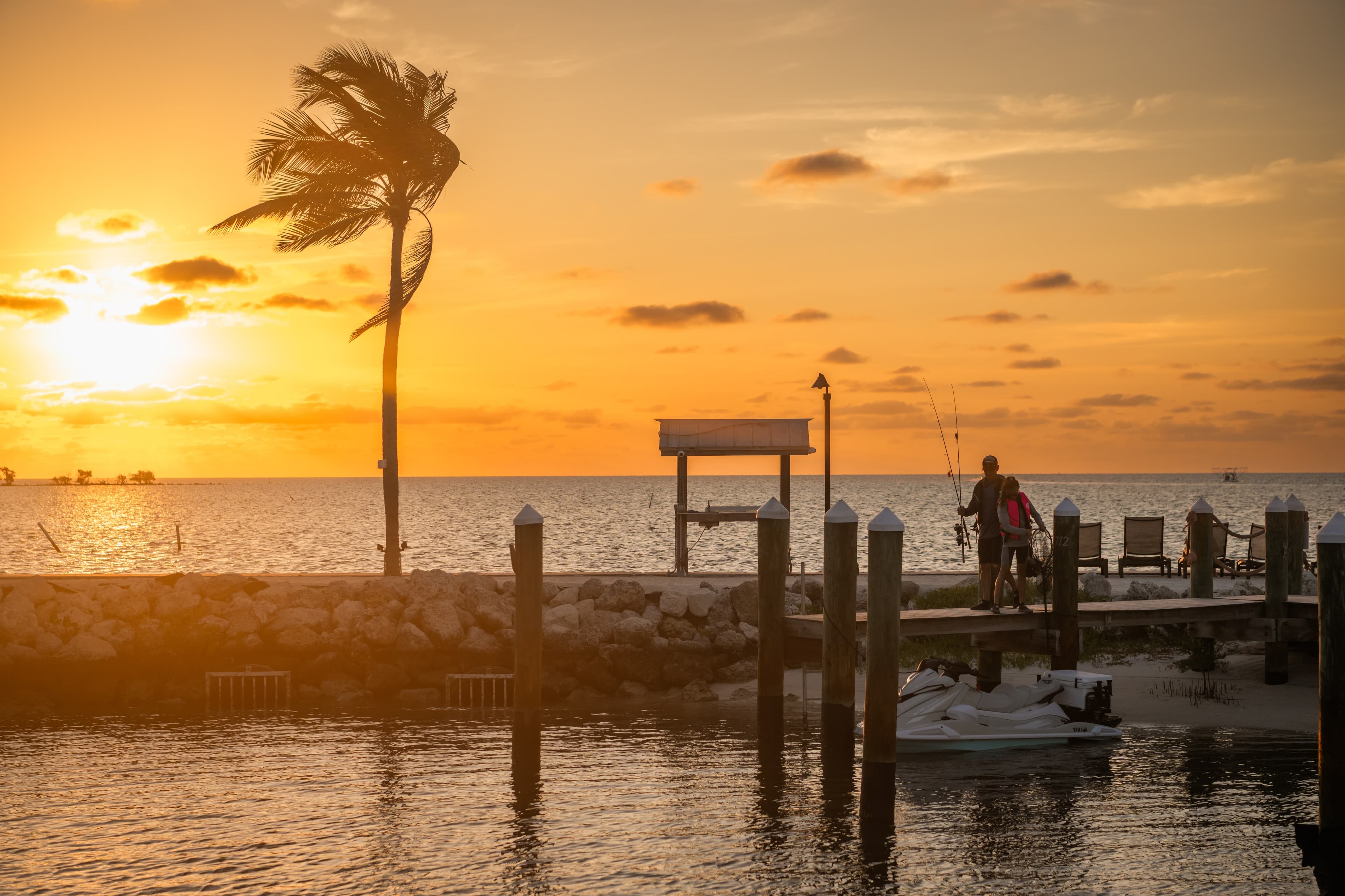 Marina dock at sunset with palm tree and person fishing, small boat moored at wooden slip